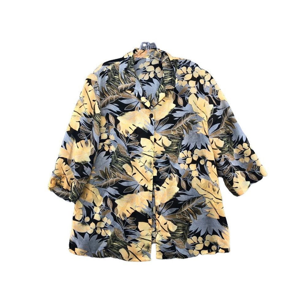 Vintage Tropical Hawaiian Shirt Womens XL Yellow Black‎ Floral 1/2 Sleeve Hippie